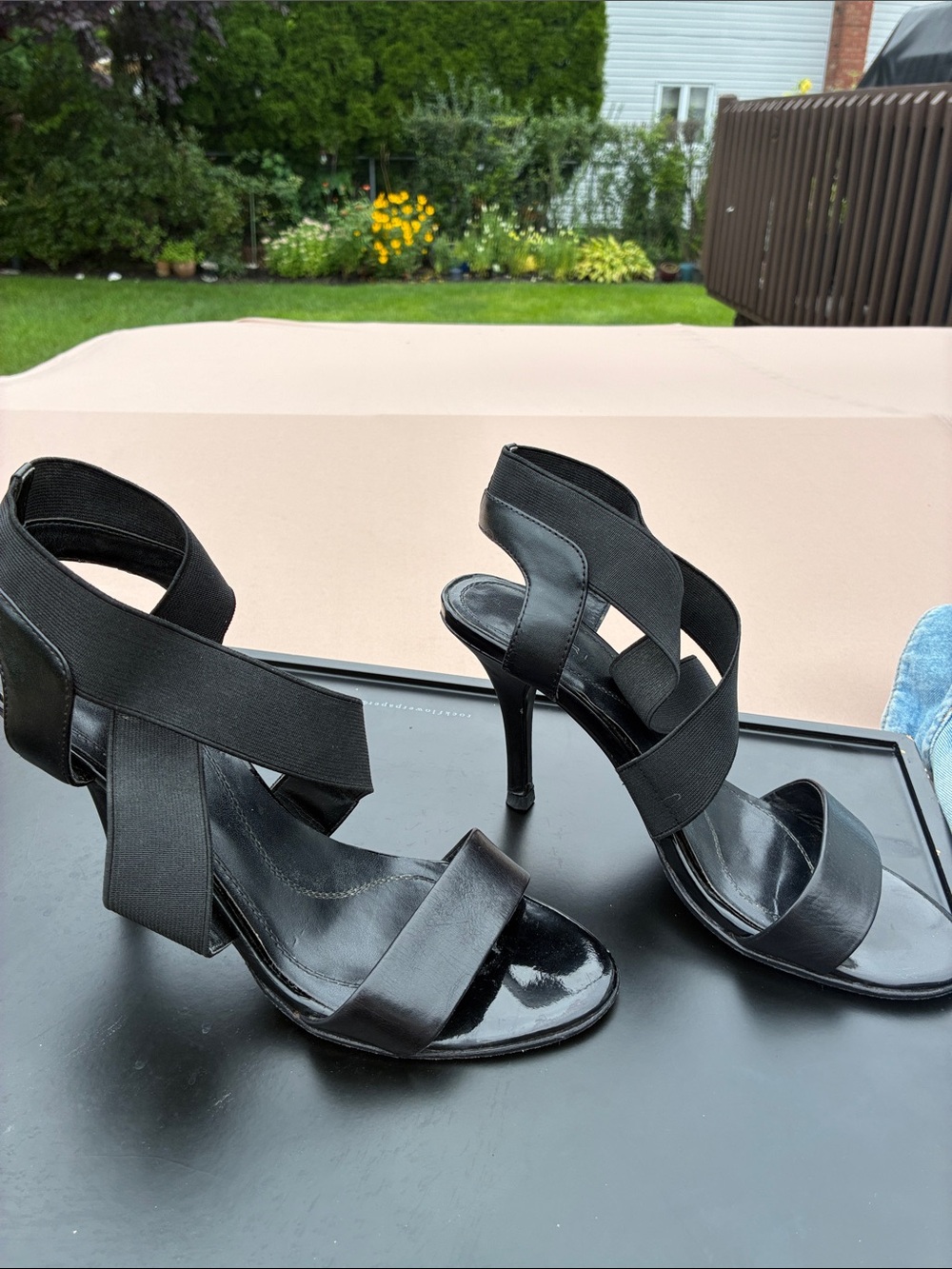 Tahari Black Elastic Crossover Stiletto Sandals